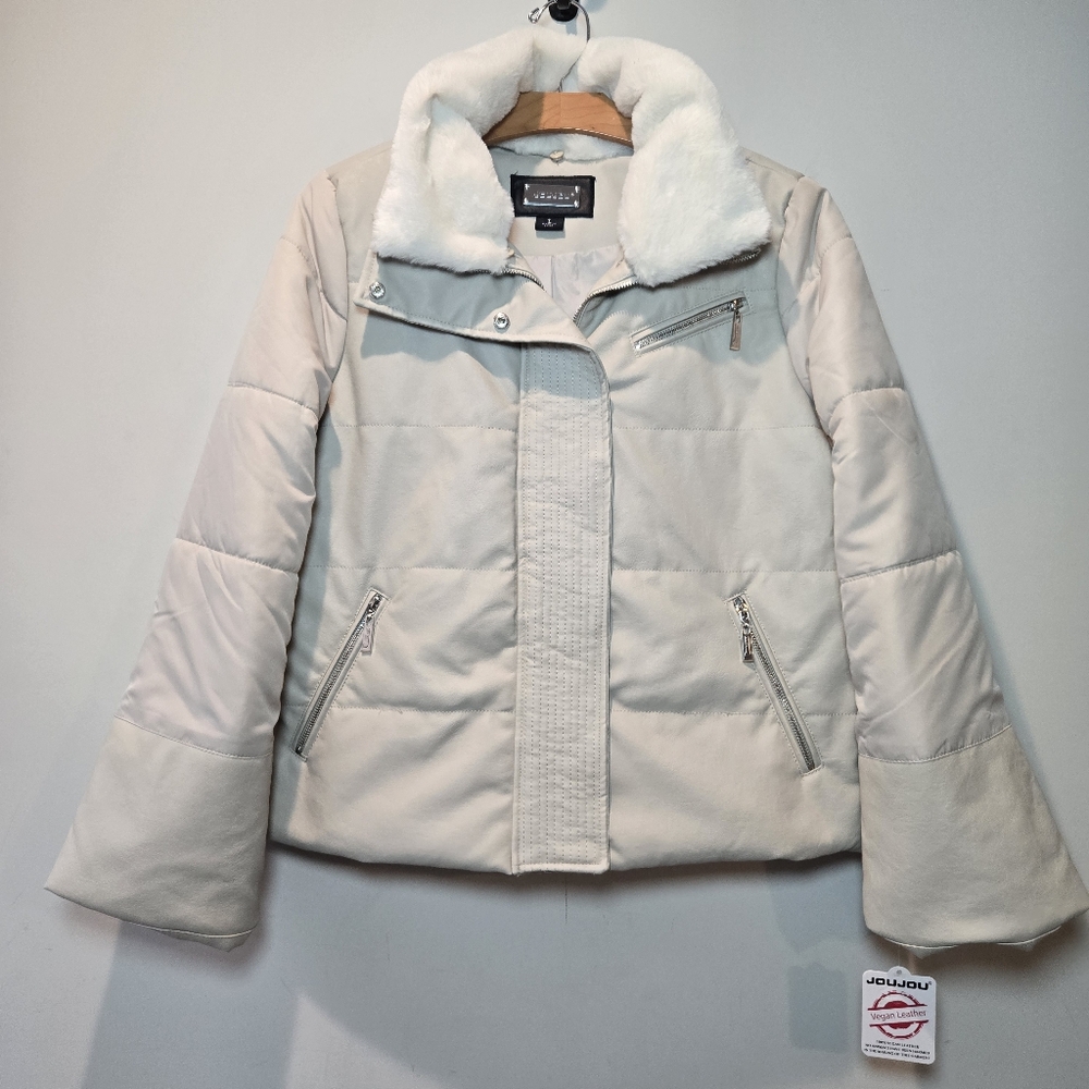 Jou Jou Faux Leather Jacket Large Women's Vegan Cream Beige